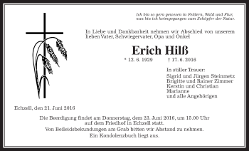 Traueranzeige von Erich Hilß von Wetterauer Zeitung, Wetterauer Zeitung