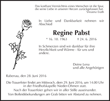 Traueranzeige von Regine Pabst von Gießener Allgemeine, Alsfelder Allgemeine