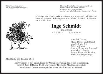 Traueranzeige von Inge Schmidt von Alsfelder Allgemeine