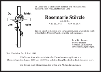 Traueranzeige von Rosemarie Störzle von Wetterauer Zeitung, Wetterauer Zeitung