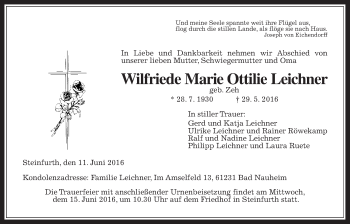 Traueranzeige von Wilfriede Marie Ottilie Leichner von Wetterauer Zeitung, Wetterauer Zeitung