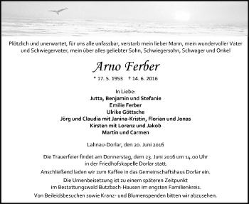 Traueranzeige von Arno Ferber von Gießener Allgemeine, Alsfelder Allgemeine