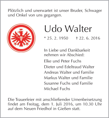 Traueranzeige von Udo Walter von Gießener Allgemeine, Alsfelder Allgemeine