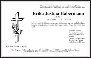 Traueranzeige von Erika Justina Habermann von Wetterauer Zeitung, Wetterauer Zeitung