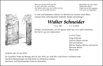 Traueranzeige von Walter Schneider von Gießener Allgemeine, Alsfelder Allgemeine