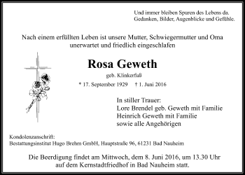 Traueranzeige von Rosa Geweth von Wetterauer Zeitung, Wetterauer Zeitung