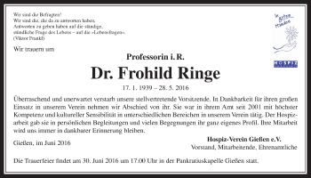 Traueranzeige von Frohild Ringe von Gießener Allgemeine, Alsfelder Allgemeine