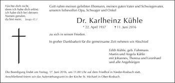 Traueranzeige von Karlheinz Kühle von Wetterauer Zeitung, Wetterauer Zeitung
