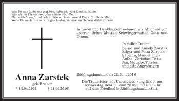Traueranzeige von Anna Zarstek von Gießener Allgemeine, Alsfelder Allgemeine