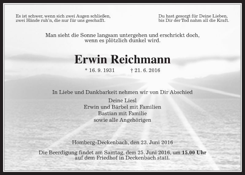  Traueranzeige für Erwin Reichmann vom 23.06.2016 aus Gießener Allgemeine, Alsfelder Allgemeine
