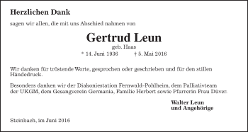 Traueranzeige von Gertrud Leun von Gießener Allgemeine, Alsfelder Allgemeine