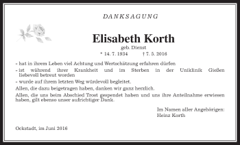Traueranzeige von Elisabeth Korth von Wetterauer Zeitung, Wetterauer Zeitung
