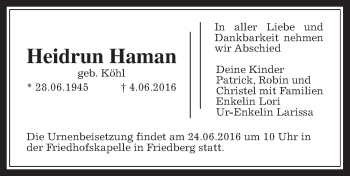 Traueranzeige von Heidrun Haman von Wetterauer Zeitung, Wetterauer Zeitung