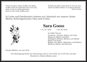 Traueranzeige von Sara Gooss von Wetterauer Zeitung, Wetterauer Zeitung