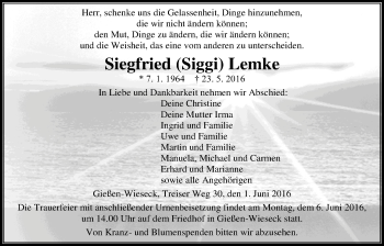 Traueranzeige von Siegfried Lemke von Gießener Allgemeine, Alsfelder Allgemeine