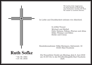 Traueranzeige von Ruth Sofke von Wetterauer Zeitung, Wetterauer Zeitung