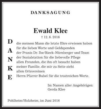 Traueranzeige von Ewald Klee von Pohlheimer Nachrichten