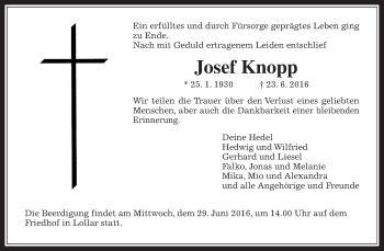 Traueranzeige von Josef Knopp von Gießener Allgemeine, Alsfelder Allgemeine