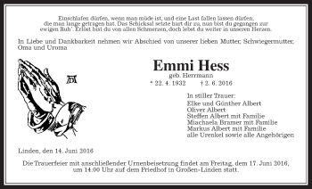 Traueranzeige von Emmi Hess von Gießener Allgemeine, Alsfelder Allgemeine