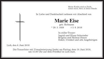 Traueranzeige von Marie Eise von Gießener Allgemeine, Alsfelder Allgemeine