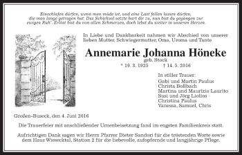 Traueranzeige von Annemarie Johanna Höneke von Gießener Allgemeine, Alsfelder Allgemeine