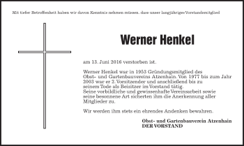 Traueranzeige von Werner Henkel von Alsfelder Allgemeine