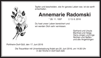 Traueranzeige von Annemarie Radomski von Gießener Allgemeine, Alsfelder Allgemeine