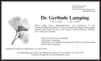 Traueranzeige von Gerlinde Lamping von Wetterauer Zeitung, Wetterauer Zeitung