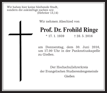 Traueranzeige von Frohild Ringe von Gießener Allgemeine, Alsfelder Allgemeine