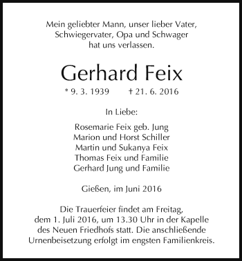 Traueranzeige von Gerhard Feix von Gießener Allgemeine, Alsfelder Allgemeine