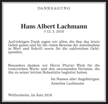 Traueranzeige von Hans Albert Lachmann von Wetterauer Zeitung, Wetterauer Zeitung