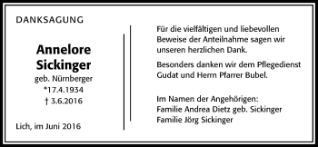 Traueranzeige von Annelore Sickinger von Licher Wochenblatt, Licher Wochenblatt, Licher Wochenblatt