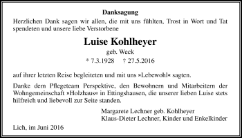 Traueranzeige von Luise Kohlheyer von Licher Wochenblatt, Licher Wochenblatt, Licher Wochenblatt
