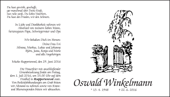 Traueranzeige von Oswald Winkelmann von Alsfelder Allgemeine