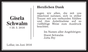 Traueranzeige von Gisela Schwalm von Gießener Allgemeine, Alsfelder Allgemeine