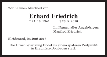 Traueranzeige von Erhard Friedrich von Alsfelder Allgemeine