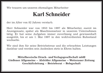 Traueranzeige von Karl Schneider von Gießener Allgemeine, Alsfelder Allgemeine