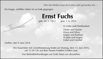 Traueranzeige von Ernst Fuchs von Gießener Allgemeine, Alsfelder Allgemeine