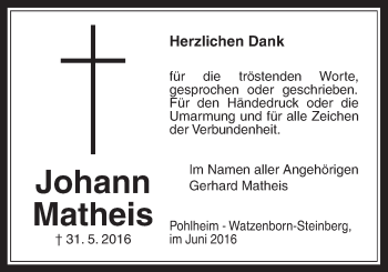 Traueranzeige von Johann Matheis von Pohlheimer Nachrichten
