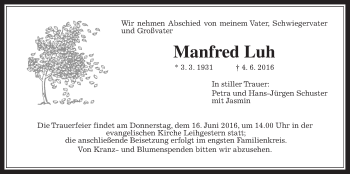 Traueranzeige von Manfred Luh von Gießener Allgemeine, Alsfelder Allgemeine