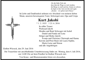 Traueranzeige von Kurt Jakobi von Gießener Allgemeine, Alsfelder Allgemeine