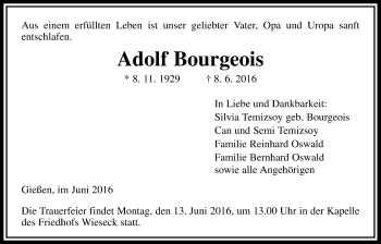 Traueranzeige von Adolf Bourgeois von Gießener Allgemeine, Alsfelder Allgemeine