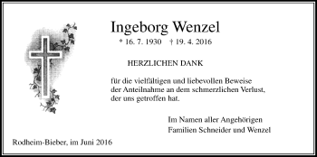 Traueranzeige von Ingeborg Wenzel von Gießener Allgemeine, Alsfelder Allgemeine