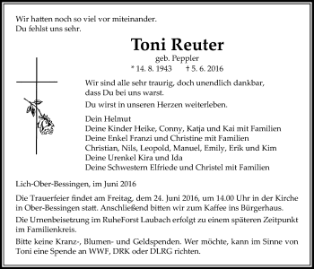 Traueranzeige von Toni Reuter von Gießener Allgemeine, Alsfelder Allgemeine