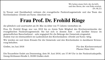 Traueranzeige von Frohild Ringe von Gießener Allgemeine, Alsfelder Allgemeine