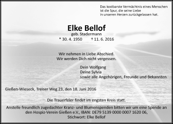 Traueranzeige von Elke Bellof von Gießener Allgemeine, Alsfelder Allgemeine