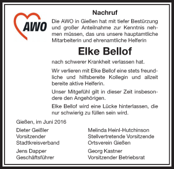 Traueranzeige von Elke Bellof von Gießener Allgemeine, Alsfelder Allgemeine