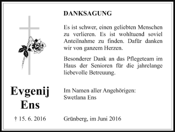 Traueranzeige von Evgenij Ens von Heimatzeitung Grünberg + Laubach, Laubacher Anzeiger