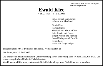 Traueranzeige von Ewald Klee von Gießener Allgemeine, Alsfelder Allgemeine