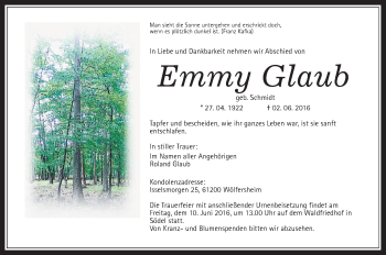 Traueranzeige von Emmy Glaub von Wetterauer Zeitung, Wetterauer Zeitung